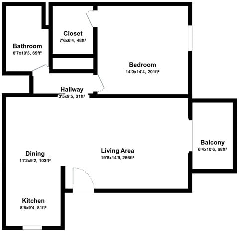 Floor plan for 1 bed, 1 bath, 718 sqft